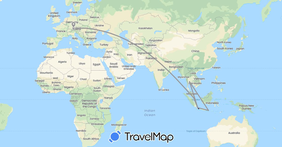 TravelMap itinerary: driving, plane in Germany, Indonesia, Singapore, Thailand (Asia, Europe)